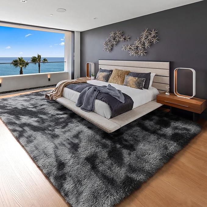 ONASAR Area Rugs 9x12 Living Room, Tie-Dyed Dark Grey Large Fluffy Bedroom Rug, Washable Soft Plush Thick Shaggy Big Floor Carpet for Kids Boy Girls Teen Dorm Nursery Indoor Home Decor Aesthetic