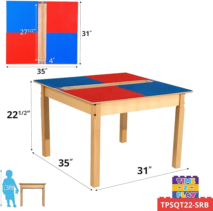 Contender Time-2-Play 35" W Red and Blue Kids Compatible with Duplo Blocks Activity Table with Trough and 22" Long Legs, Craft & Sensory Table for Toddlers [Greengard Gold Certified]