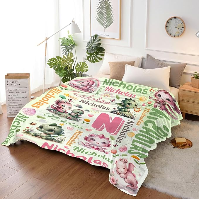 Personalized Custom Dragon Floral Preschool Blanket Gifts for Baby Toddler Kids Boys Girls - Customized Dragon Floral Super Soft Flannel Sheets Decor for Crib Nap Couch - 40"x50" for Kids/Children