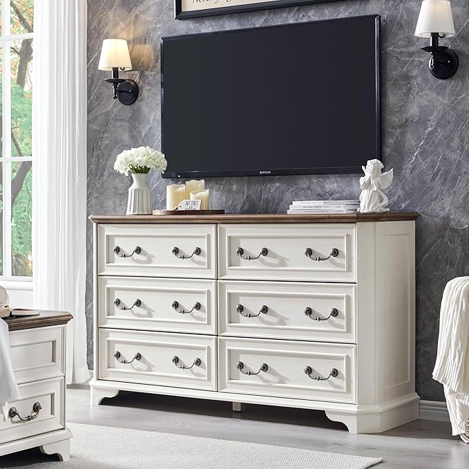 T4TREAM Farmhouse 6 Drawers Dresser for Bedroom, 54" Wide Wood Rustic Chest of Drawers with Natural Texture, Vintage Design, Storage Dressers Organizer for Bedroom, Living Room, Antique White