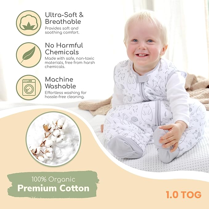 Mama Cheetah Toddler Sleep Sack with Feet 3T-4T, 1.0 TOG Organic Cotton Baby Wearable Blankets with Legs, Baby Sleeping Bag for Walkers, Early Walker Large