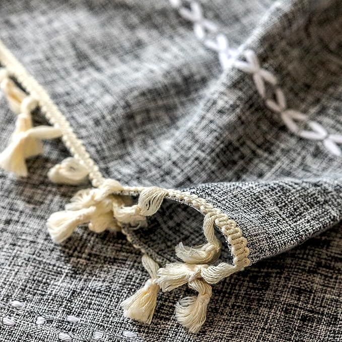 Deeprove Dark Gray Boho Curtains 96 inches Length for Bedroom Living Room, Coal Grey Bohemian 96 inches Long Embroideried Cottage Farmhouse Vintage Tassel Window Treatments, W52 x L96, 1 Panel