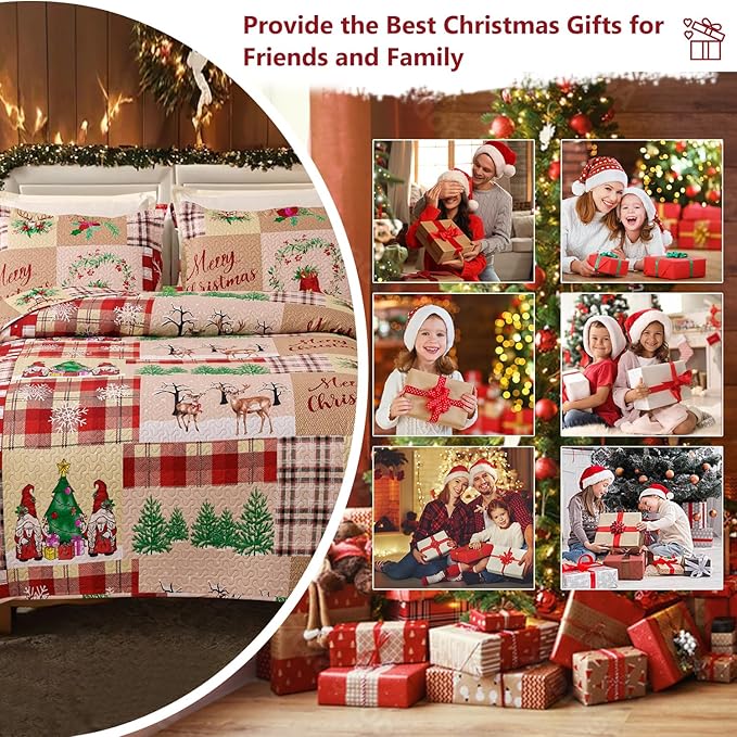 Christmas Bedding Set King Christmas Quilt Bedspread,Gnome Santa Claus Plaid Patchwork Xmas Quilt Set Bedding Holiday Christmas Quilts Decor Gift Elk Pattern Lightweight Reversible Bedspread Coverlet