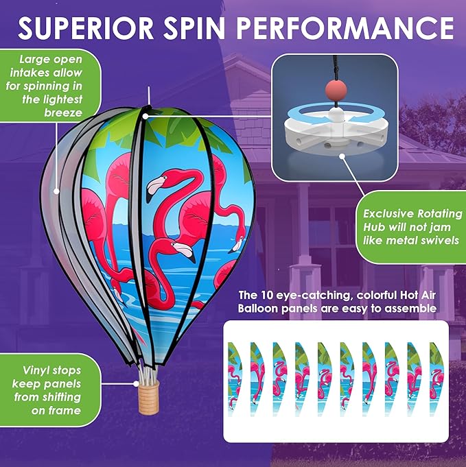 Hot Air Balloon Hanging Garden Spinner 22" - Vibrant Flamingo Design, Weather-Resistant Outdoor Decor, Durable & Lightweight for Patios, Yards, and Gardens - Eye-Catching Wind Spinner
