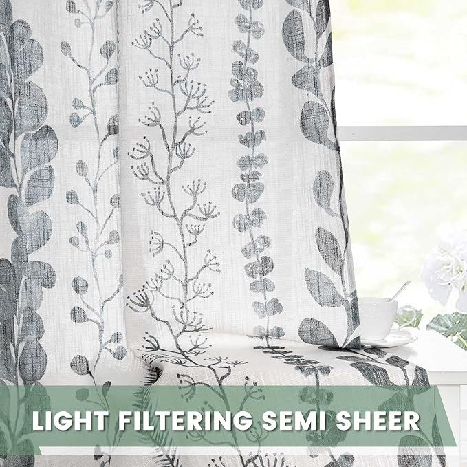 MEETSKY Living Room Curtains 90 Inches Long Boho Linen Style Back Tab Curtains for Bedroom Light Filtering Bohemian Rod Pocket Leaf Print Classical Door Drapes 2 Panels