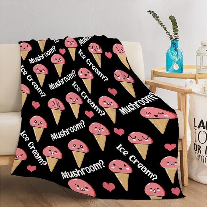 Thuswarm Mushroom Or Ice Cream Flannel Throw Blanket Warm Cozy Soft Funny Print Blankets for Bed Couch Sofa Room Decoration Gifts 50"×40" Small for Kid
