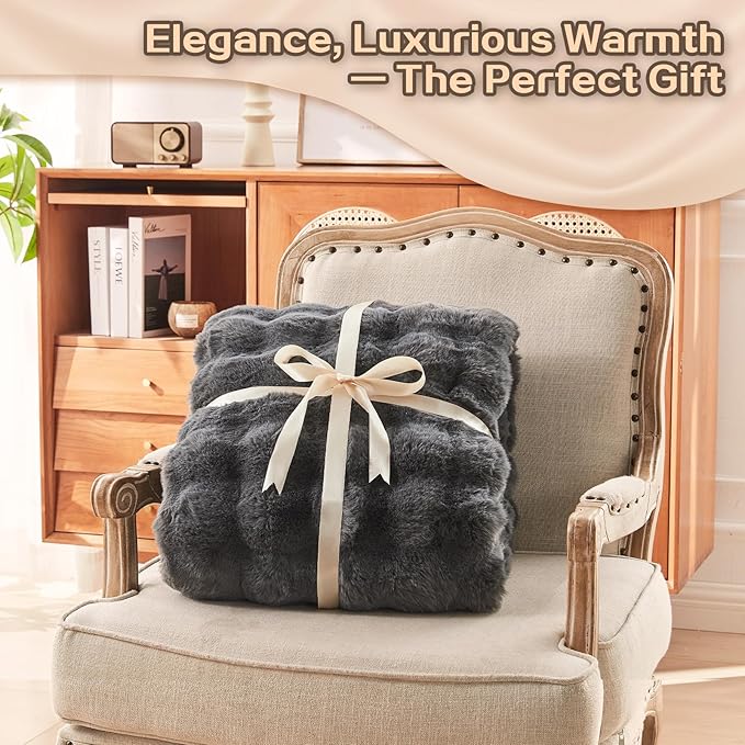 Heated Blanket Electric Throw, 50" X 60" Heated Blanket with 10 Heat Levels 8 Hours Auto Off, Faux Rabbit Fur Bubble Electric Blanket