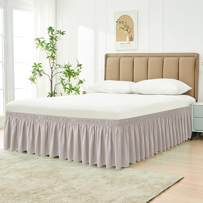 Biscaynebay Wrap Around Bed Skirts for King & Cal King Beds 17" Long Drop, Camel Grey Adjustable Elastic Dust Ruffles Easy Fit Wrinkle Resistant Silky Luxurious Fabric Machine Washable