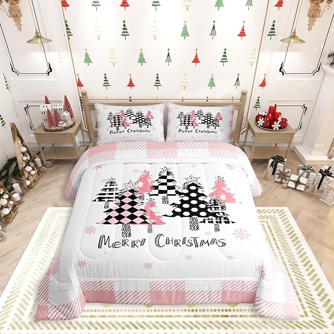 Manfei Merry Christmas Comforter Set Queen Size, Pink Plaid Xmas Trees Bedding Set 3pcs, New Year Cartoon Down Comforter for All Season, Kids Girls Santa Claus Bedroom Decor, 2 Pillowcases, No Sheets