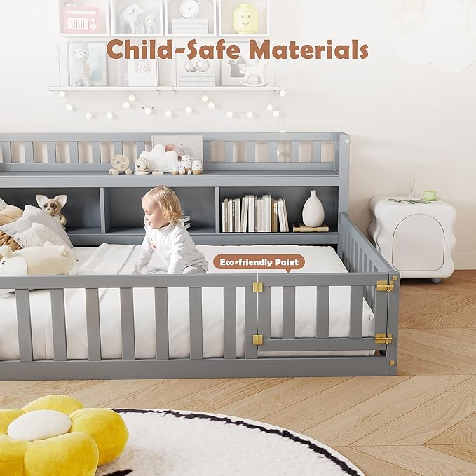 mikibama Twin Size Floor Bed with Side Bookcase and Shelves, Montessori Floor Bed with Guardrails for Bedroom, Wood Full Floor Bed Frame with Storage for Girls, Boys, Grey