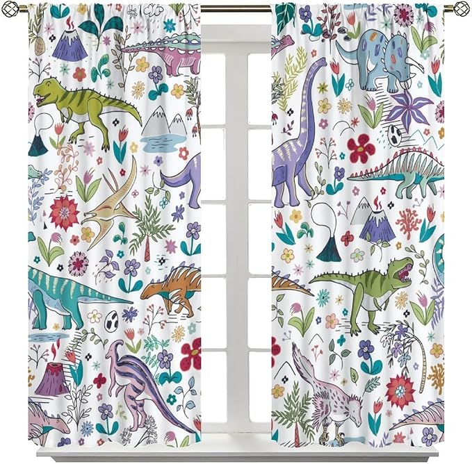 Dinosaur Curtains Cartoon Cool Funny Dino Tropical Plant Leaves Flowers Aesthetics Art Print for Kids Boys Bedroom Living Room Rod Pocket Decoration Window Drapes 2 Panels W26xL84in