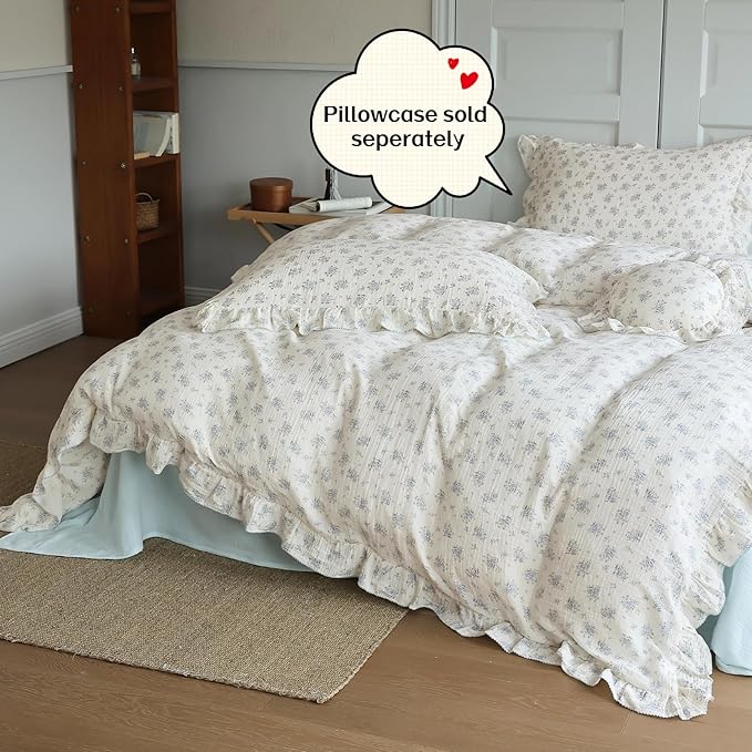 BuLuTu Vintage Blue Floral Duvet Cover Queen Size, Cotton Muslin Quilt Cover with Ruffles, Farmhouse Bedding Comforter Cover 90"x90", Zipper & Corner Ties, Freesia Print, No Pillow