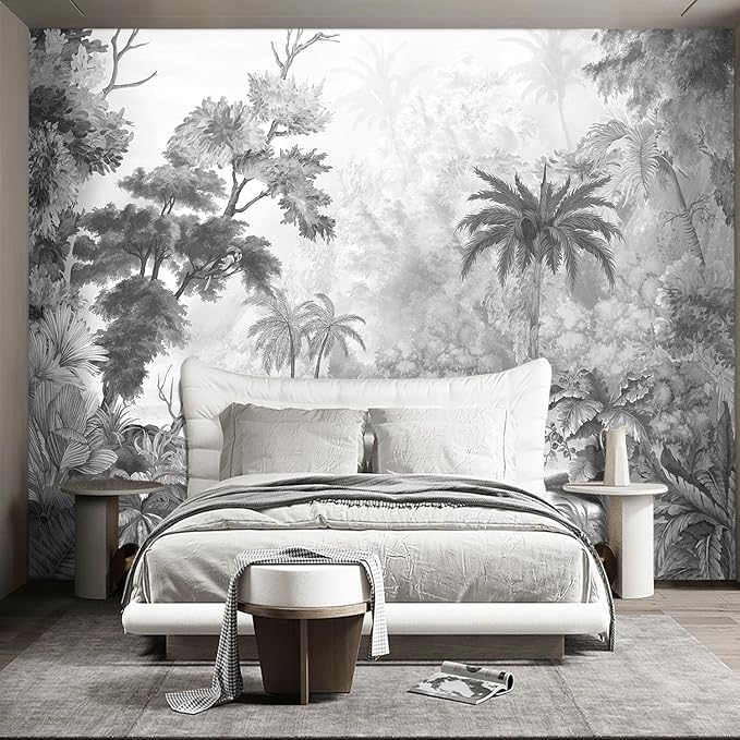 Grey Tropical Rainforest Plant wallpeper Living Room Bedroom Jungle Botanical Wall Mural - 137"x96"（Not Peel and Stick）