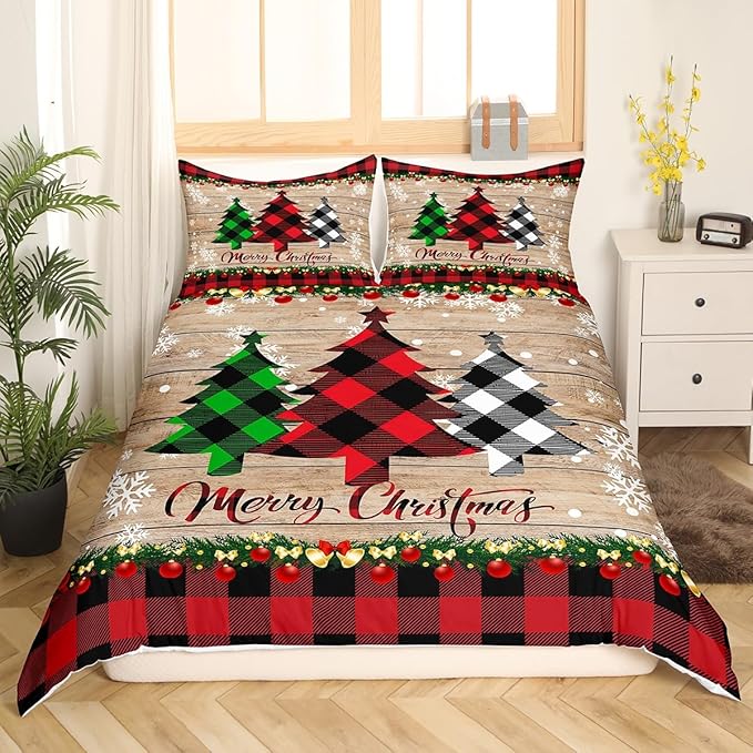 Manfei Plaid Tree Duvet Cover Set Full Size, Wooden Stripe Print Bedding Set 3pcs for Kids Boys Girls Bedroom Decor, Christmas Theme New Year Comforter Cover with 2 Pillowcases,No Comforter