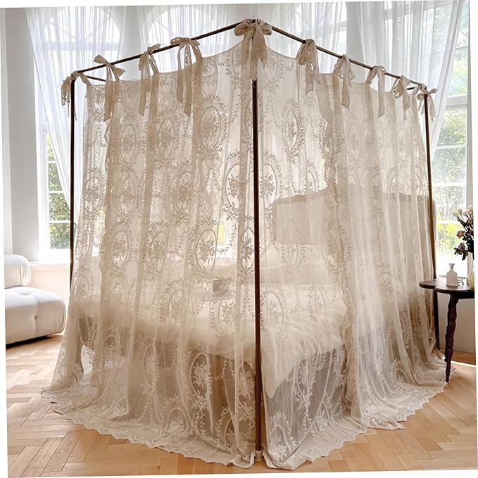 Bed Canopy, 4 Corner Post Canopy Bed Curtains, Lace Mosquito Net for 1.5m/4.92ft Beds, Beige (Frame Not Included), Mosquito Netting Tent