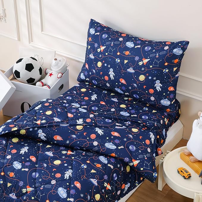 LONAVA Toddler Kids Comforter Set - 4 Pieces Toddler Bedding Sets for Boys Girls Children, Ultra Soft Microfiber Bed in A Bag with Flat Fitted Sheets, Space