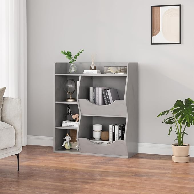 Kids Bookshelf, 32" 3-Tier Toy Storage Cabinet, Wooden Cube Storage Organizer with 5 Cubes and Spacious Top Shelf for Children's Room, Playroom, Hallway, Kindergarten, Bedroom, Playroom