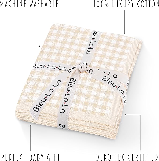 Checkered Baby Blanket Swaddle - 100% Soft Cotton Quilt Swaddling Stroller Blanket for Nursery Bed Shower Baby Gift Registry for Newborns Toddlers Boys & Girls (Plaid - Beige)