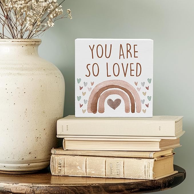 You Are So Loved Boho Rainbow Wooden Box Sign, Little Reminders Desk Sign, Inspirational Quotes Sign Decoration for Kids Room Office Nursery Playroom Girls Room Dorm -A26