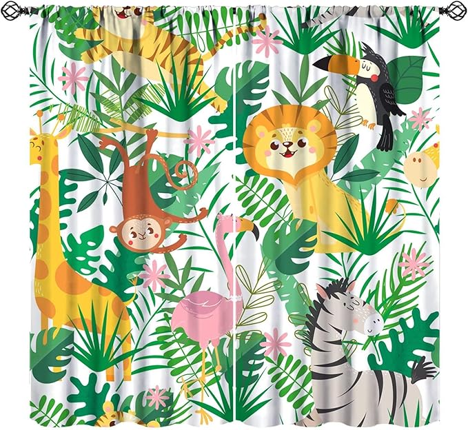 Jungle Animals Curtains Cartoon Cute Lion Giraffe Monkey Zebra Woodland Art Printed for Children Girls Boys Bedroom Nursery Rod Pocket Decoration Window Drapes 2 Panels W27.5xL63in