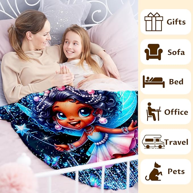 Blanket for Girls, Fairy Throw for Kids Teens Adults 60x80 Inches Soft Warm Lightweight Cute Black Throw Blankets for Sofa Couch Bed Travel Daughter Birthday Gift