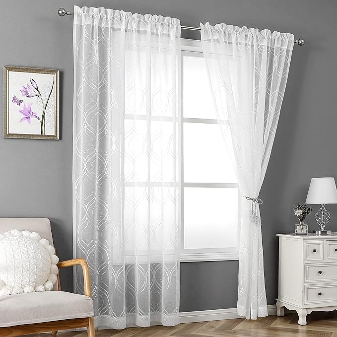 VISIONTEX White Sheer Curtains 63 Inch Length 2 Panels Set Moroccan Embroidered Curtains Trellis Decor French Textured Rod Pocket Voile Tulle Semi Window Drapes for Bedroom Living Room 54 x 63 Inches