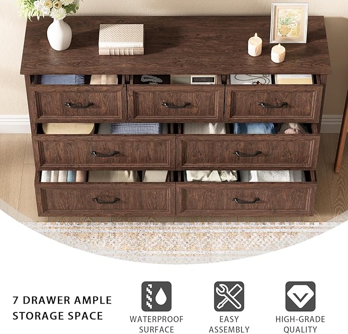 CARPETNAL Farmhouse Dresser and Nightstand Sets for Bedroom, 3 Pcs Bedroom Set, 7 Drawer Dresser & Nightstand Set of 2, Modern Wood Chest of Drawers for Bedroom, Living Room, Entryway, Brown