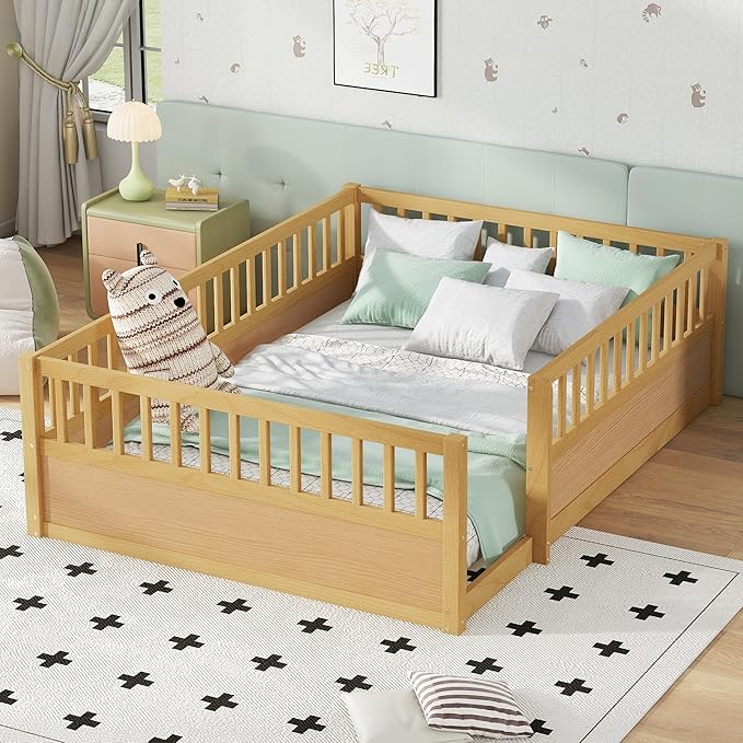 Harper & Bright Designs Full Floor Bed Frame, Wood Kids Floor Bed with High Guardrails, Montessori Floor Bed Full with Opening Door for Boys, Girls, Kids, Solid Wood Structure, Natural
