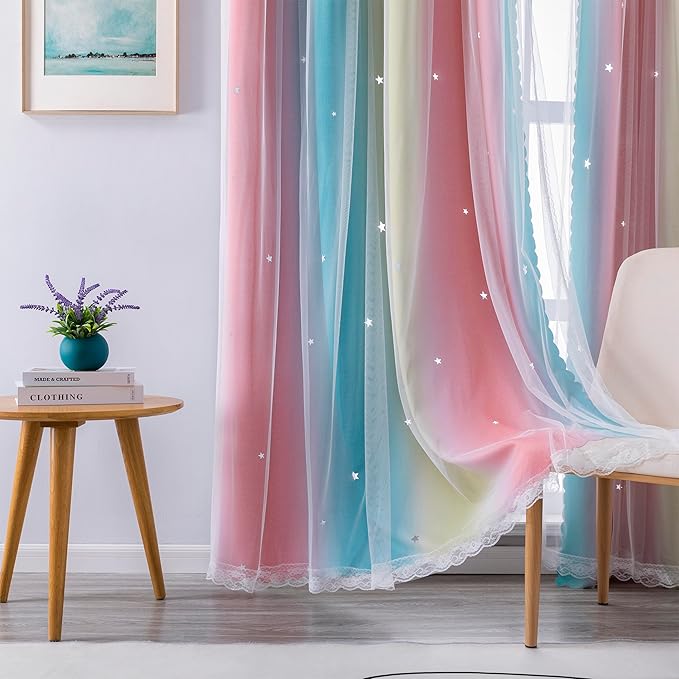 XiDi Girls Room Decro, Blackout Curtains for Kids Bedroom,Colorful Rainbow Style, Unicorn Wall Decor Ombre Curtains, Princess Room 63 Inches Long Pink/Blue