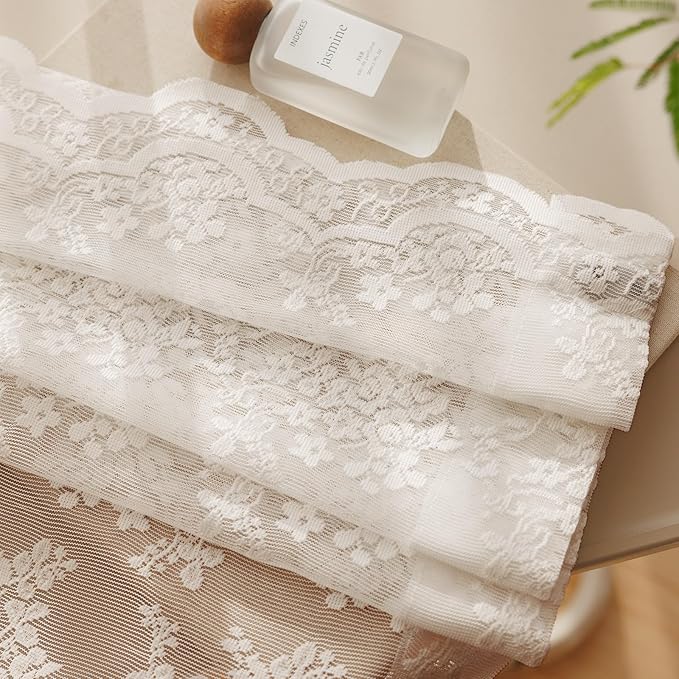 Anmao Vintage Lace Curtains 54 Inches Long 2 Panels Set, Romantic Elegant Light Filtering Semi Sheer Floral Thick Lacy Curtain Drapes for Living Room and Bedroom, Each Panel 55W x 54L, Beige Plum