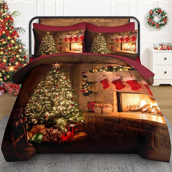 7 Pcs Full Size Christmas Comforter Set with 2 Pillowcases & 2 Shams, Vintage Fireplace Tree Bedding for Kids and Adults, Winter Holiday Red Socks Bed in a Bag with Flat Fitted Sheet