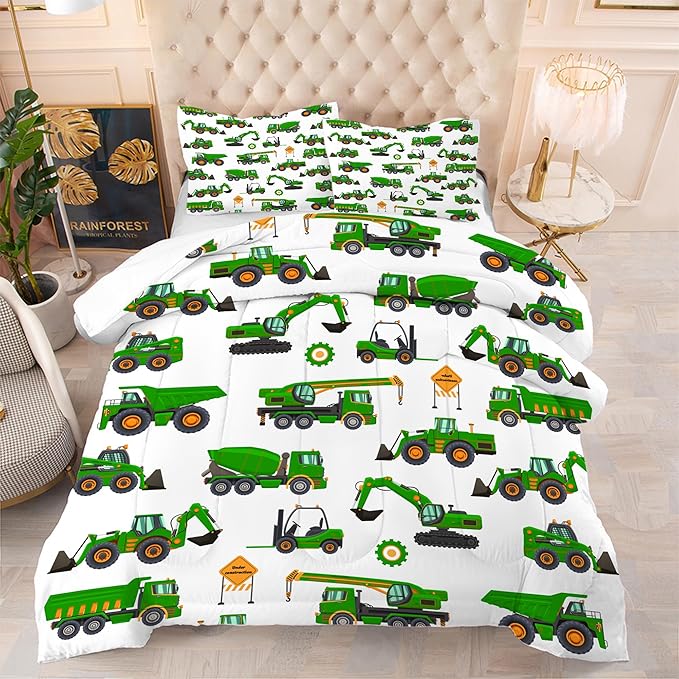Comforter Set Green Tractor: Twin Size Cartoon Excavator Truck Car Bedding Sets for Boys Kids Teens Toddler Construction Vehicles Quilt Bed Set with 1 Comforter & 1 Pillow Case