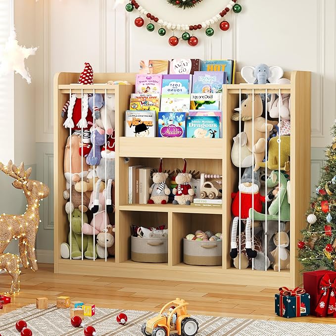 ONBRILL Two Wooden Stuffed Animal Storage, Toddler Toy Storage Organizer with 4-Tier Kids Bookshelf and 3 Open Cube Shlef, Multifunctional Bookcase for Kids Rooms Playroom Nursery