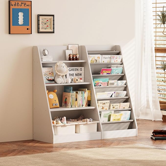 NACHES 4 Tier Kid Bookshelf Wooden 6 Sling Children Bookcase Toddler Montessori Bookcase Book Rack Display Toy Storage Organizer Book Display Shelf Stand Classroom Bedroom Nursery Playroom(White)
