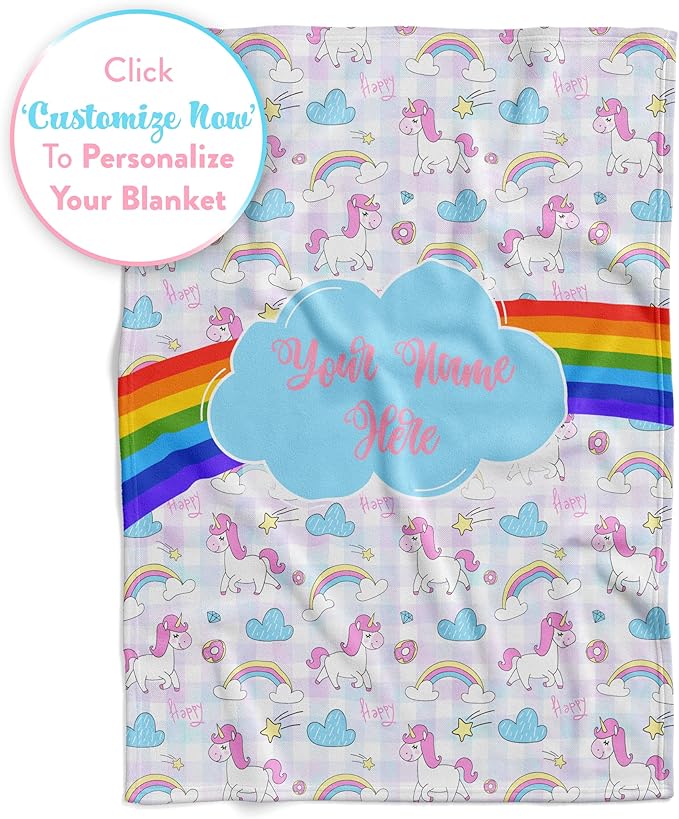 Personalized Rainbow Unicorn Throw Blanket for Girls and Boys with Custom Name, Cute Soft Bedding for Nursery Room or Tummy Play, Warm and Plush (Fleece 30x40)
