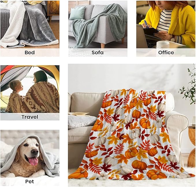 Fall Throw Blanket - Pumpkin Maple Leaf Autumn Blanket - Thanksgiving Fall Decor Gift - Ultra Plush Cozy Lightweight Thanksgiving Pumpkin Blanket for Sofa,Bed,Couch - 90"x120"-Familys/King Size