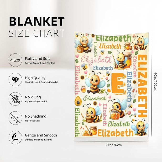 Personalized Custom Honeybee Preschool Blanket Gifts for Baby Toddler Kids Boys Girls - Customized Honeybee Super Soft Lightweight Flannel Sheets Decor for Crib Nap Couch - 30"x40" for Baby/Pets