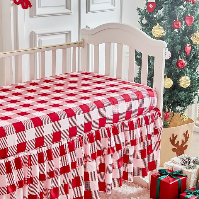Christmas Crib Bedding Set 3 Pcs with Santa Snowman Red White Design, Quilted Comforter Fitted Sheet & Bed Skirt, Holiday Baby Crib Set