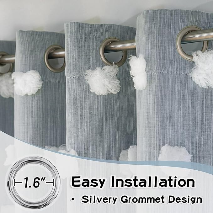 MYSKY HOME 72 Inches Long Curtains for Bedroom Dusty Blue Blackout Curtains Pom Pom White Sheer Curtains for Boys Room Double Layer Toddler Bedroom Grommet Room Darkening Window Panels 52 x 72 Inch