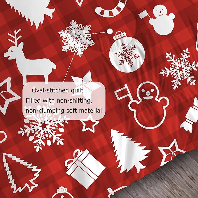 Plaid Christmas Comforter King: Xmas Red Snowman Bedding Sets Snowflakes Christmas Tree Candy Reindeer Bed Set 3 Piece for Women Adults Teens Bedroom Festival Decor
