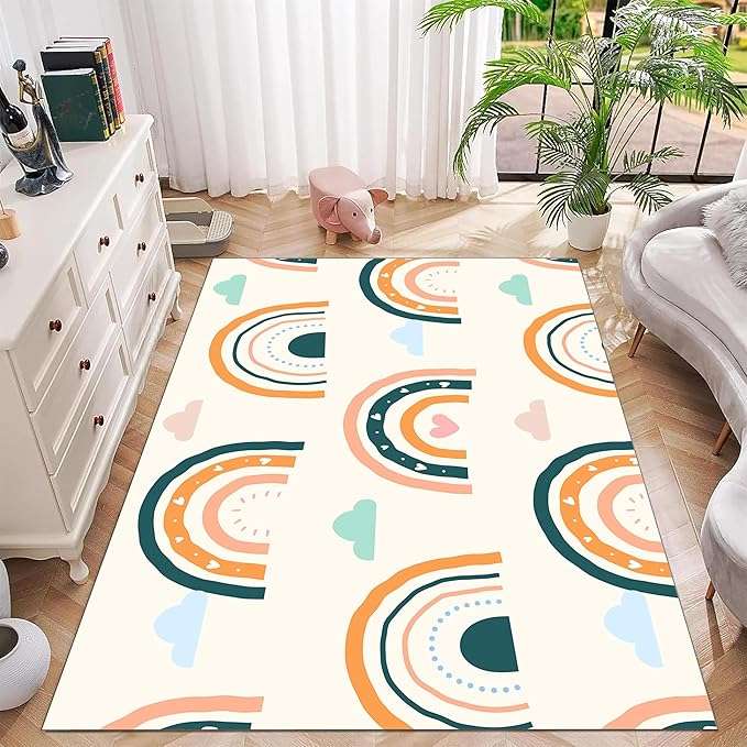 Children's Carpet Girl's Bedroom Rainbow Carpet Living Room Area Rugs Soft Washable Non-Slip Rugs Simple Lovely Rainbow White Cloud Print Children's Room Nursery Decoration Beige 5x7ft