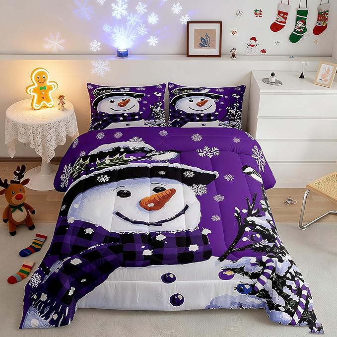 Feelyou Kids Christmas Theme Decorations Bedding Set Xmas Snowman Comforter Set for Boys Girls Snowflake Kawaii Cute Purple Bedroom Collection King Size