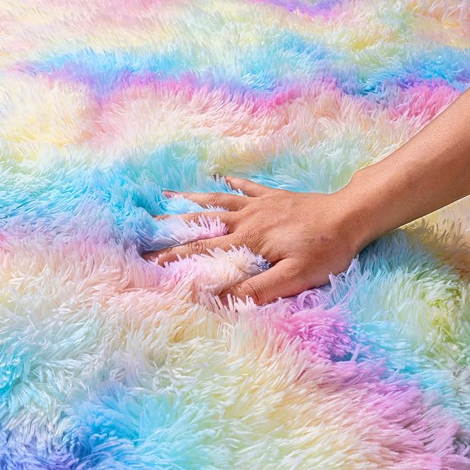 Rainbow Rug for Living Room, 9x12 Area Rug for Cute Girls Room, Bedside Indoor Floor Fluffy Shag Carpet, Plush Soft Rug for Bedroom Nursery Dorm Home Decor