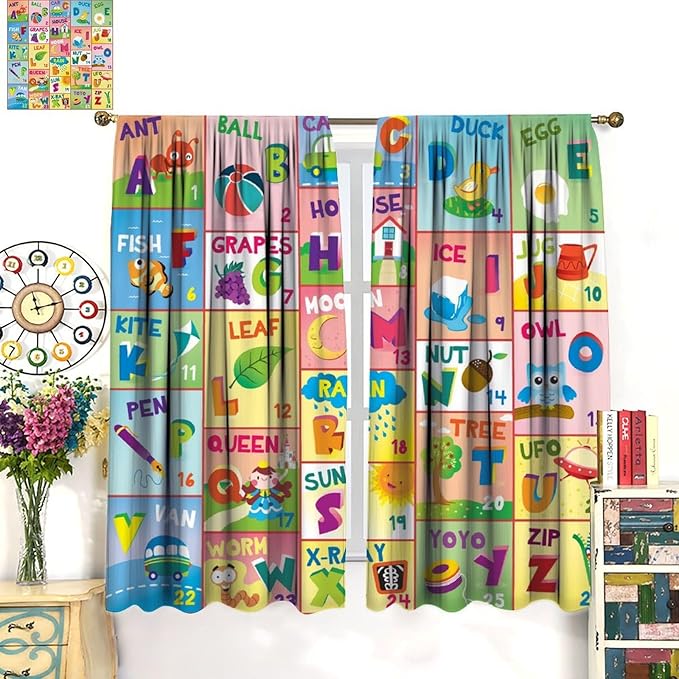 Colorful ABC Classroom Nursery Curtains Kids Alphabet Learning Baby Boys Girls Curtain with Rod Pocket for Children Toddler Playroom Home Drapes Window Treatments 2 Panels Set 63" W X 63" L