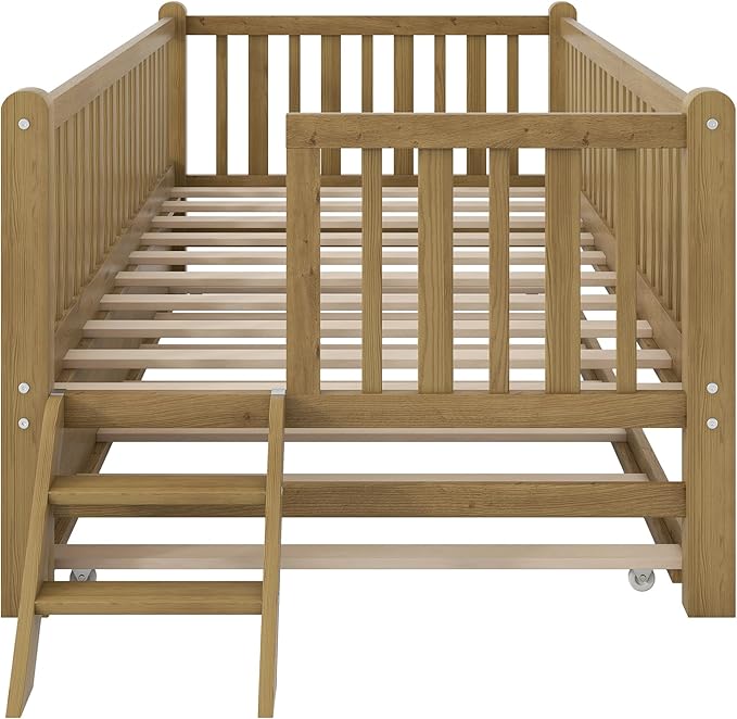 LUMISOL Twin Size Low Platform Bed Frame with Trundle, Wood Floor Bed with Ladder & Fence Guardrail for Kids Teens Girls Boys, No Box Spring Needed, Walnut