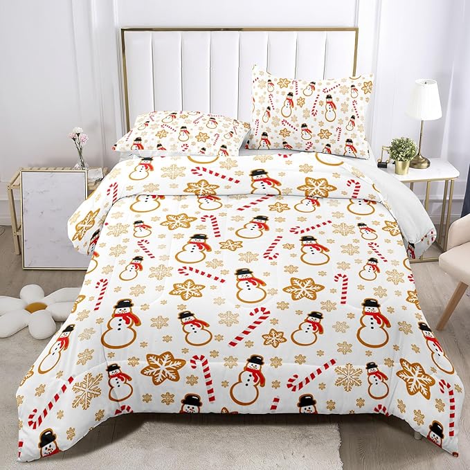 Raphus cucullatus Christmas Bedding King,Snowman Christmas Comforter Set,Holiday Bedding Winter Quilt,Snowflake Navidad Comforter Set King,Cute Candy Cane Quilt