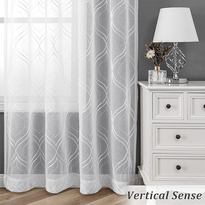 VISIONTEX White Sheer Curtains 72 Inches Long 2 Panels Set Moroccan Embroidered Curtains Trellis Decor French Textured Rod Pocket Voile Tulle Semi Window Drapes for Bedroom Living Room 54 x 72 Inches