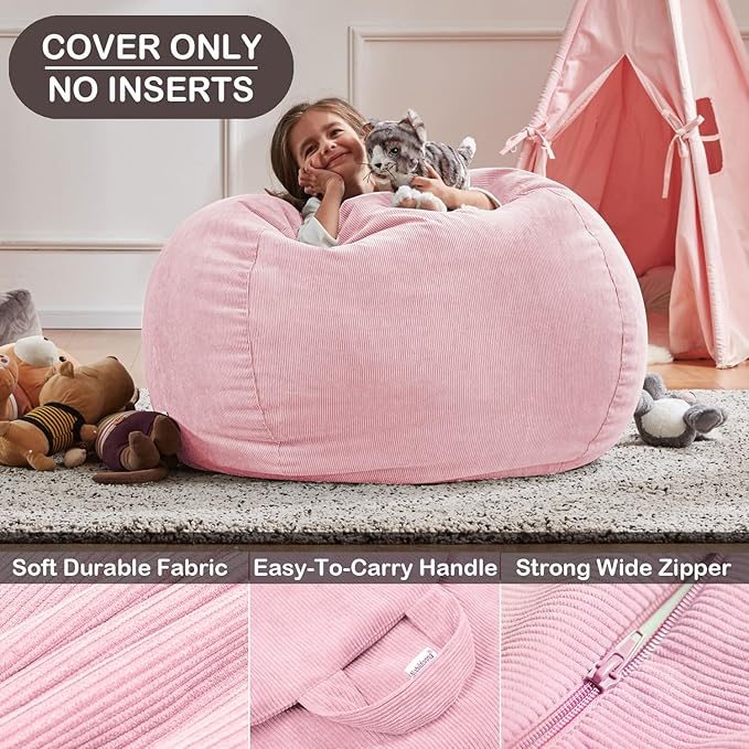 Nobildonna 3 ft Bean Bag Chair Cover (No Filler) 35"×43" Large Stuffed Animal Storage Bean Bag Washable Big Beanbag Chair Cover Premium Corduroy Stuffable Bean Bag Cover for Adults,Kids,Pink 300L