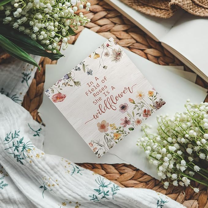 In a Field of Roses She Is a Wildflower Inspirational Wooden Sign Desk Decor, Wildflower Nursery Decorative Signs for Baby Girl Room, Inspirational Home Sign Shelf Desk Decor 5x5 Inch
