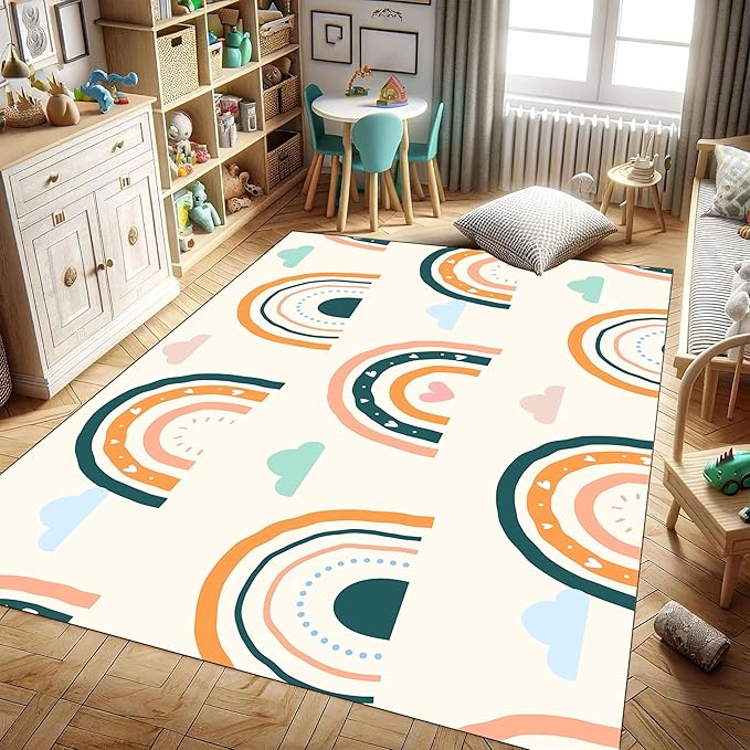 Children's Carpet Girl's Bedroom Rainbow Carpet Living Room Area Rugs Soft Washable Non-Slip Rugs Simple Lovely Rainbow White Cloud Print Children's Room Nursery Decoration Beige 5x7ft